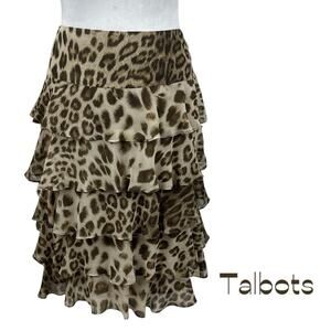 Talbots Sheer Brown Tan Animal Print Ruffled Skirt Size 14